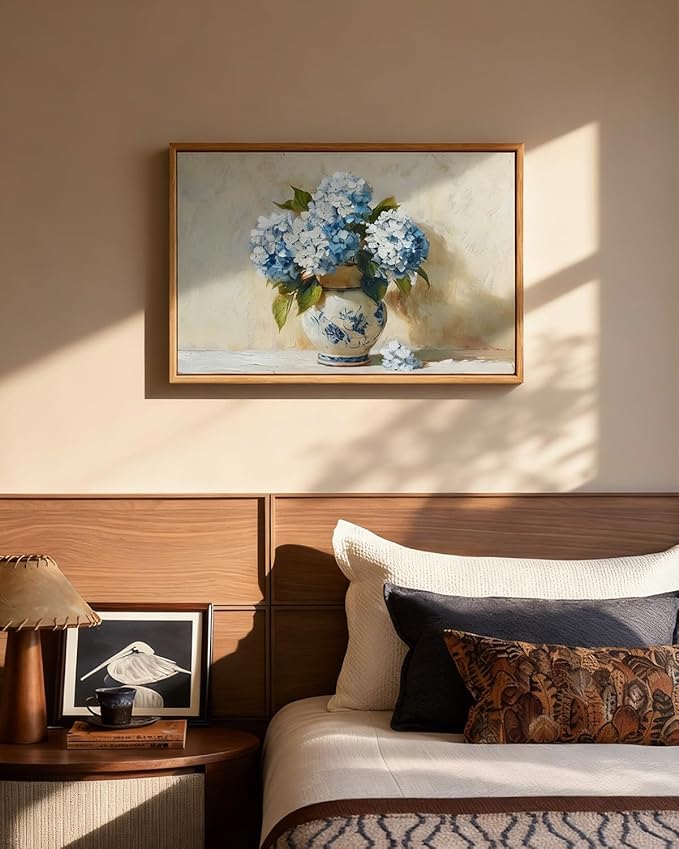 InSimSea Framed Canvas Art Hand-Painted Vintage Blue Hydrangea Art,16x24inch, Textured Floral Paintings Artwork Wall Decor for Living Dining Room Hallway, Classical Still Life Farmhouse Picture