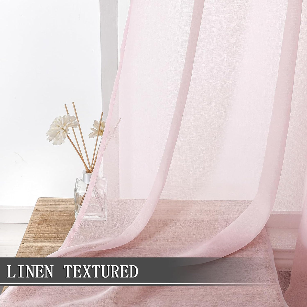 Tollpiz Short Sheer Curtains Living Room Linen Textured Curtain Sheers Light Filtering Voile Rod Pocket Curtains for Bedroom, 38 x 45 inches Long, Pink, Set of 2 Panels
