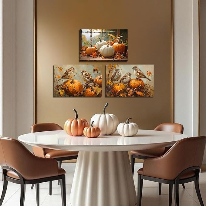 YMXDYMJSW Autumn Wall Art 3 Pieces Pumpkin with Sparrows Picture Prints Fall Harvest Birds Canvas Painting Thanksgiving Theme Artwork for Farmhouse Decor Frame (Gold,11.00" x 14.00" x 3PCS)