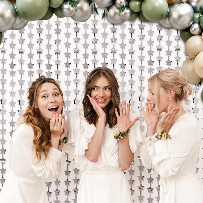 LOLStar 2 Pack Glitter Silver Stars Birthday Decorations 3.3X6.6 ft Each Silver Star Backdrop Foil Fringe Curtains,Perfect for New Year Eve 2026 Twinkle Star Space Celebration Disco Party Decor
