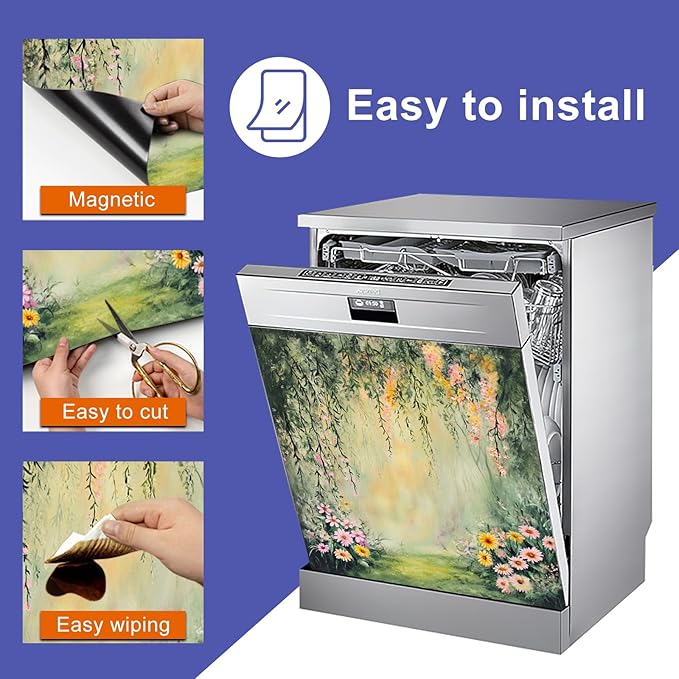 Dishwasher Magnet Cover 23x26 in Garden Forest with Cascading Blossoms and Sunlight Glow Dishwasher Cover for Kitchen Appliance Decoration Front Panel Sticker Panel Home Decor Decal