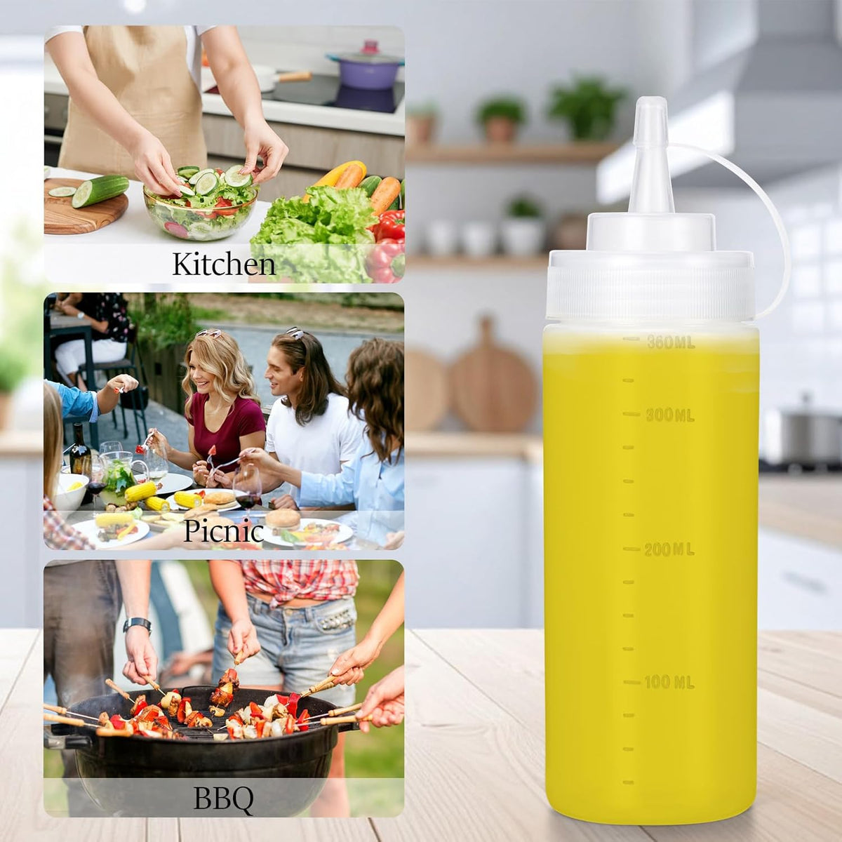 Condiment Squeeze Bottles Ketchup Dispenser, 4 Pack 12oz Squeeze Bottles for Liquids, Plastic Sauce Bottle with Cap Lid, Squirt Bottles for Sauces Liquids BBQ Dressing Pancake Art