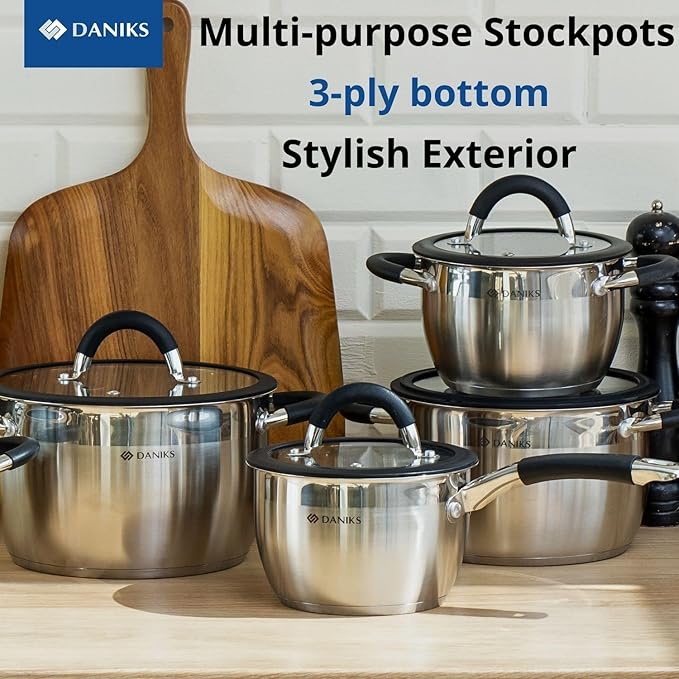 Daniks Orlando 10-Piece Stainless Steel Induction Cookware Set – Dishwasher Safe Saucepan, Pots with Heatproof Handles, Glass Lids, Measuring Scale, Silver