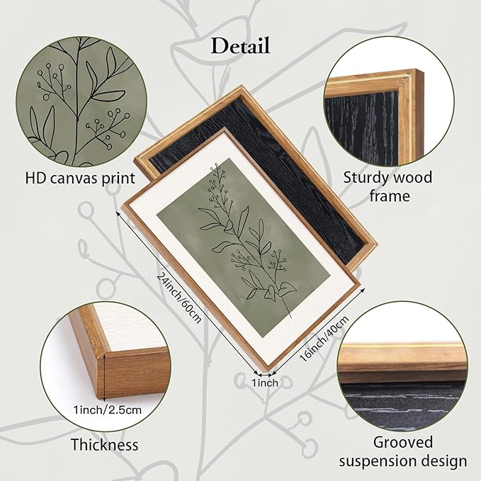 CHDITB Sage Green Framed Canvas Wall Art, Neutral Botanical Line Wall Decor, Olive Tone Plant Poster, Modern Farmhouse Floral Decor, Boho Minimalist Nature Prints for Bedroom Office Decor 16"x24"X3