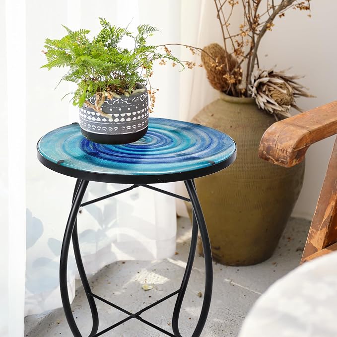 VCUTEKA Patio Side Table Outdoor Accent Table Small Mosaic Table Coffee Table End Tables Porch Indoor Outdoor Round Glass Balcony Bistro Blue Purple Gradient Starry Vortex
