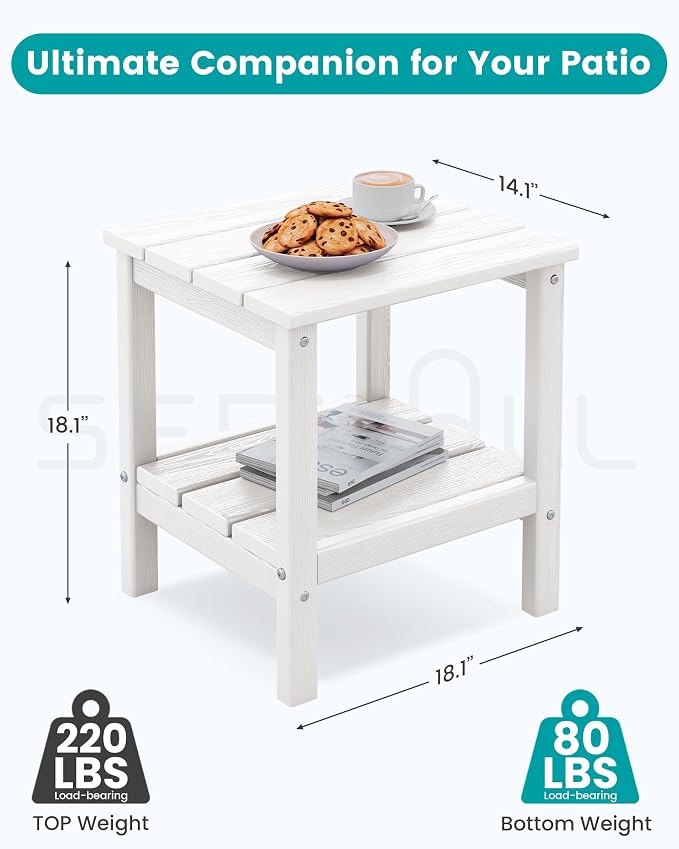 SERWALL 2-Tier HDPE Outdoor Side Table, Weatherproof Rectangular Adirondack Side Table, White