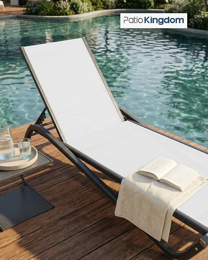 Adjustable Patio Chaise Lounge Chair, Outdoor Pool Lounger for Sunbathing & Tanning, All-Weather Textilene Sun Bed for Beach, Porch & Deck, Rust-Proof Aluminum Frame, White