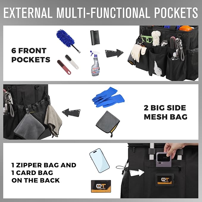 Rolling Cleaning Caddy Bag with Detachable Trolley, Large Cleaning Supplies Organizer with Wheels, Multi Pocket Cleaning Cart with Adjustable Shoulder Strap for Housekeepers & Home Use, Black