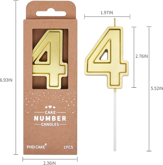 PHD CAKE 2.76 Inch Luxe Gold 4 Number Birthday Candles, Gold Number Candle, Cake Number Candles, Party Celebration