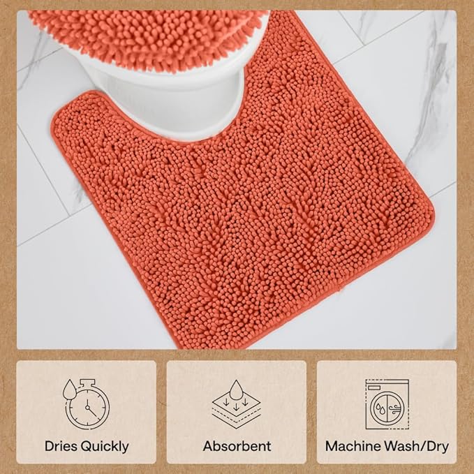 GORILLA GRIP Plush Absorbent Shaggy Chenille Bath Rug Mat for Square Toilet Base with Rubber Backing, Machine Washable Rugs, Soft Microfiber Contour Mats for Toilets, Bathroom Decor, Coral