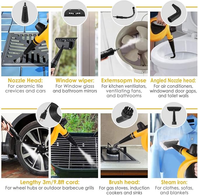 Handheld Steam Cleaner, Pressurized Multi-Surface Steam Cleaner for Home Use with 11pcs Accessories, All Natural Steamer for Cleaning Tile, Grout, Grime, Grease, Window, Couch, Car, Bathroom, Kitchen