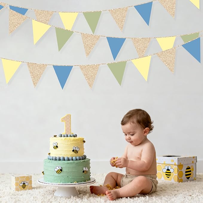 Champagne Gold Dusty Blue Sage Green Yellow Pennant Banner Flag Olive Green Macaron Yellow Blue Hanging Glitter Paper Triangle Bunting for Baby Shower Birthday Wedding Hen Party Decorations Supplies