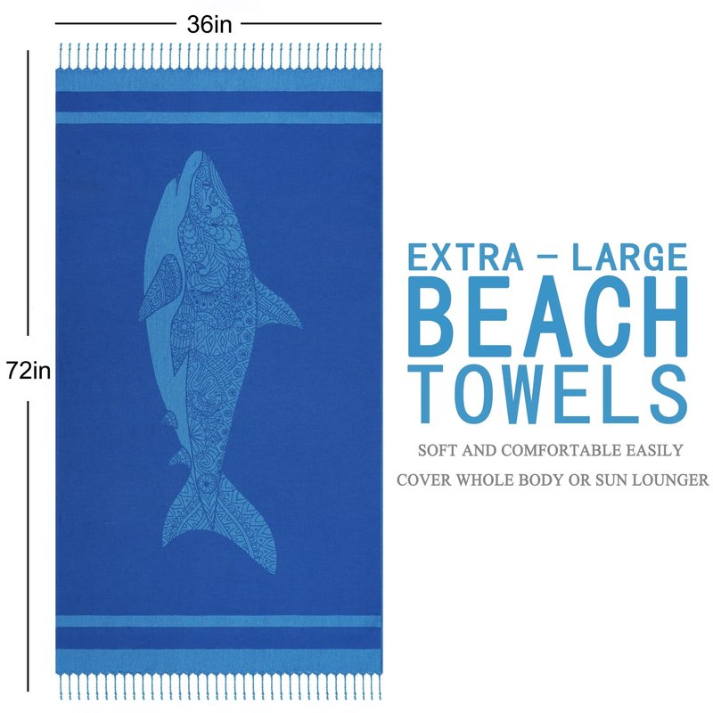 Genovega Oversized Cotton Turkish Beach Towels 72"x36" Lightweight Quick Dry Sandless Pool Swim Towel Large No Sand Compact Blanket Adult Travel Essentials Cruise Accessories Must Haves Blue Shark