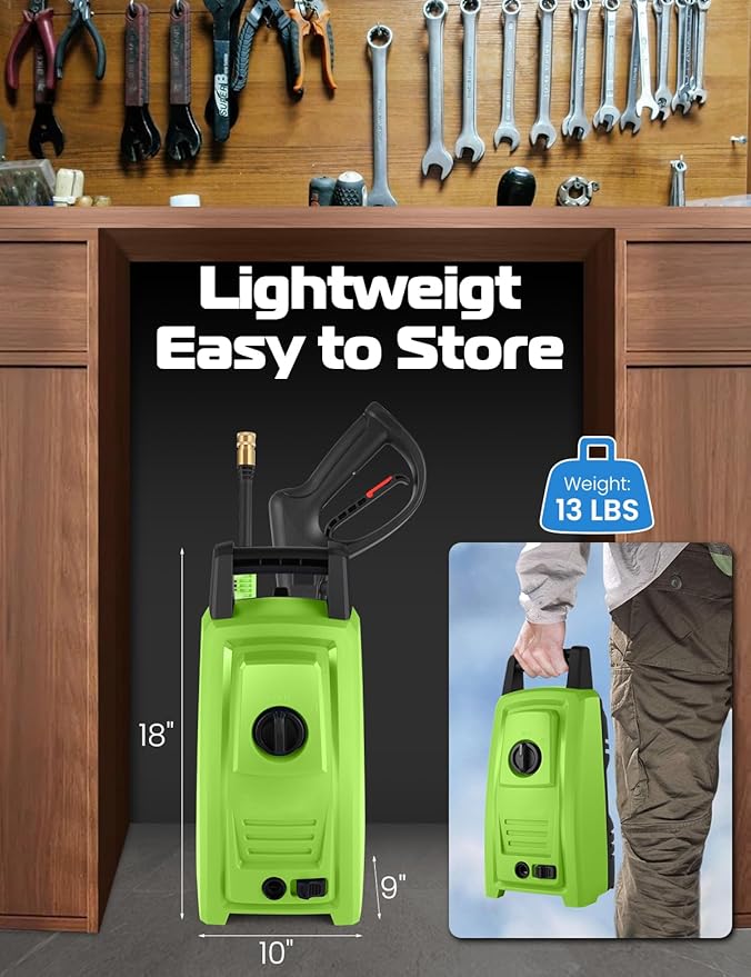 𝐏𝐨𝐰𝐞𝐫 𝐖𝐚𝐬𝐡𝐞𝐫 𝟒𝟓𝟎𝟎𝐏𝐒𝐈 Portable with 20FT Pipe, 4 Nozzle Set for Home/Cars/Fences/Windows, Green