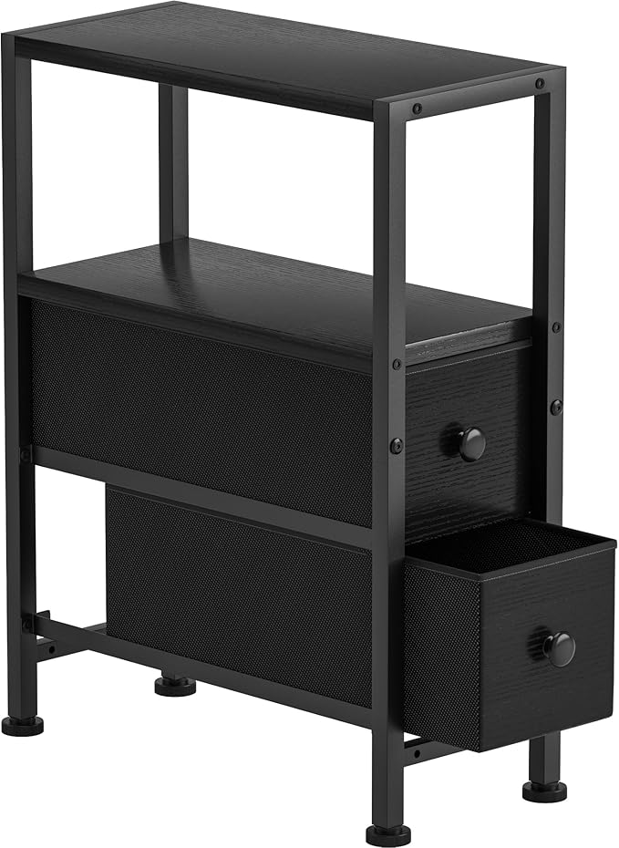 Small Narrow Side Table with Drawers, Skinny End Table for Small Spaces, Slim Nightstand with Storage, Sofa Bedside Table in Living Room, Bedroom, Study, Kitchen and Balcony (Black)