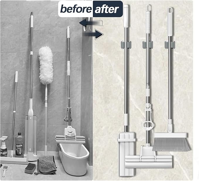 3-H 12 Pack Mop and Broom Holder Big Size Hanging 1 KG Extra,Broom Hanger Wall Mount for Hanging and Organizing Shove Rake Yard Tools in Shed Kitchen Laundry Room Bathroom Garden(Grey)