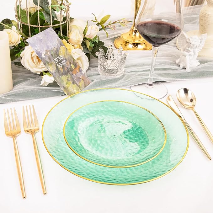 Rubtlamp 60 Green Plastic Plates, Hammered Clear and Gold Disposable Plates Include 30 Dessert Platos, 30 Dinner Platos for St. Patrick's Day