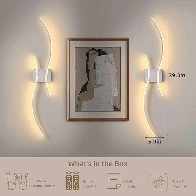 Battery Operated Wall Sconce Set of Two, Dimmable Modern LED Rechargeable Wall