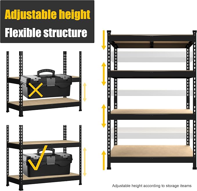 PrimeZone 4 Tier 36" W x 16" D x 55" H Storage Shelves - Adjustable Garage Storage Shelving, Heavy Duty Metal Storage Utility Rack Shelf Unit for Warehouse Pantry Closet Kitchen, Black