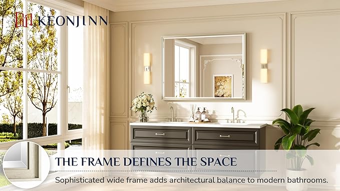 Keonjinn 48" x 36" Brushed Nickel Bathroom Vanity Mirror, Decorative Aluminum