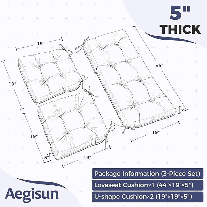 Wicker Chair Cushions of 3 Pieces, Waterproof Cushions for Patio Furniture, Tufted Wicker Outdoor Furniture Cushions, 1 Patio Loveseat Cushion and 2 U-Shaped Cushions, 44"x19"x5", Black