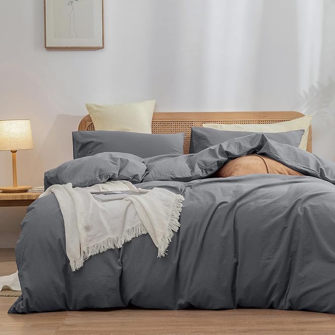 BESTOUCH Duvet Cover Set 100% Washed Cotton Linen Feel Super Soft Comfortable Chic Lightweight 3 PCs Home Bedding Set Solid Quiet Shade Grey Cal King