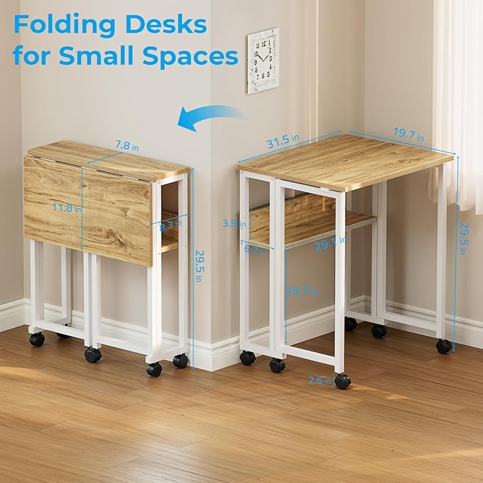 GreenForest Folding Desk Small Rolling Desk with Storage Shelf,31.5 inch Foldable Computer Desk with Wheels for Small Space, Easy Assembly,Oak