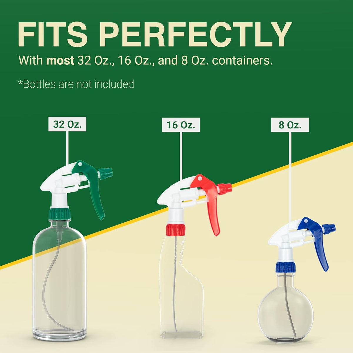 Heluva Green Spray Bottle Nozzle Replacement, Bottle Tops Only - Sprayer Nozzle Triggers for Heavy Duty, Commercial, Home Cleaning Solutions - Fits 8,16,24,32 oz Plastic & Glass Bottles, Mixed 3 pack