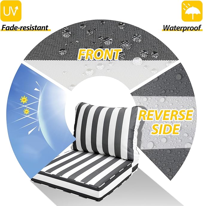 AAAAAcessories Outdoor Seat Cushions for Chairs, Fade-Resistant, Waterproof Patio Furniture Replacement Cushions, 22" x 22" x 3" + 22" x 17", Gray Cabana Stripe
