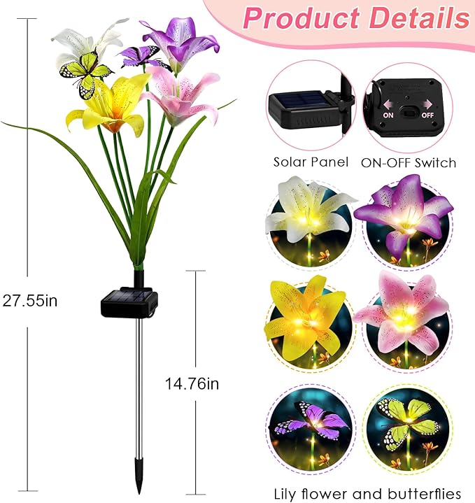 ostritec Solar Garden Lights Outdoor, 4 Pack Flower Lights for Outside, 16 Solar Lilies with Butterflies, Waterproof Garden Decor for Yard, Patio, Gifts for Women Mom (4 pcs Lilies)