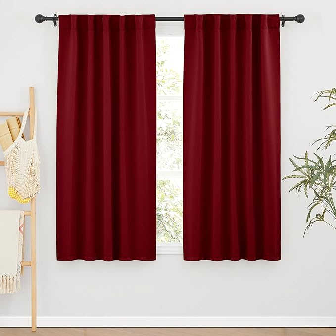 RYB HOME Living Room Curtains 63 inch Length, Burgundy Red, 2 Panels