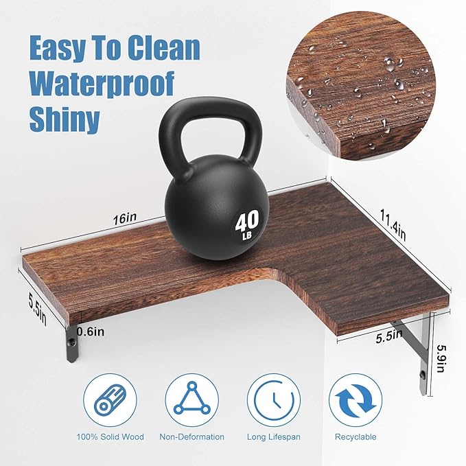Corner Floating Shelves Wall Mounted Set of 4, Rustic Wood Storage Display Wall Shelves for Home Decor, Bathroom, Kitchen, Bedroom, Living Room, Office (Carbonized Brown)