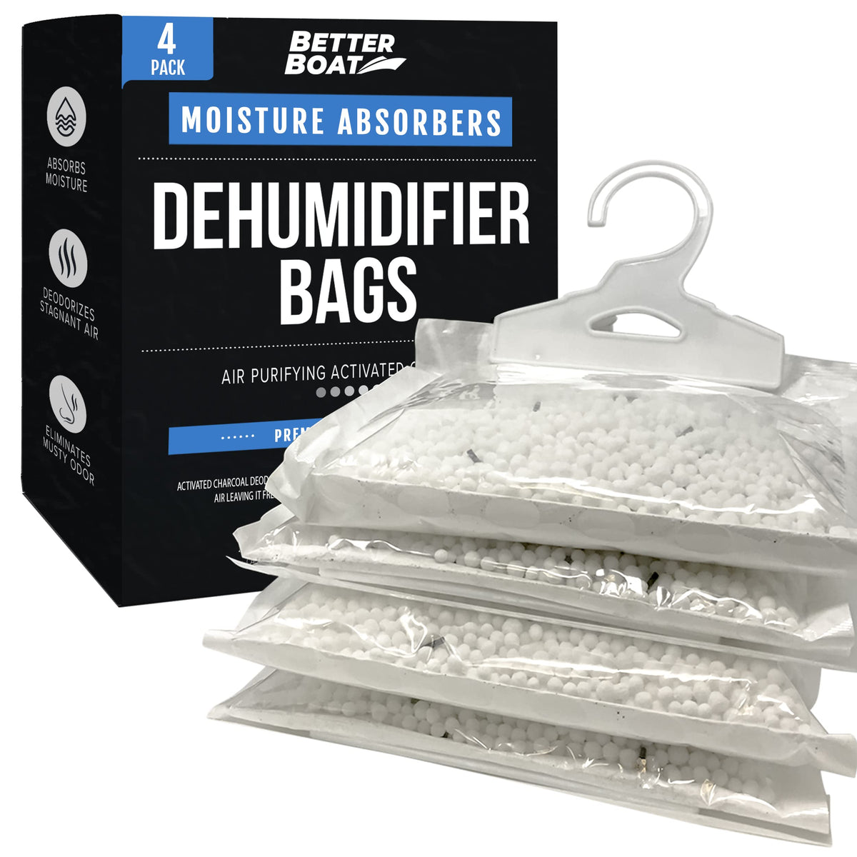 4 Pack Moisture Absorber Hanging Bags, Boat Dehumidifier with Charcoal, Unscented, Removes Dampness and Musty Odors, Ideal for Basement, Closet, Home, Car, RV, and Boating