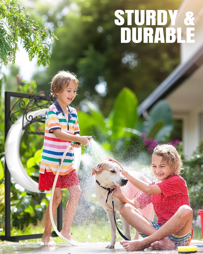 Breeze Touch Garden Hose Holder Freestanding with Storage Basket, 4-Spike Stable Water Hose Holder for Outside, Heavy Duty Metal Hose Stand Holds 150FT Hose, Easy Install Hose Organizer for Yard Lawn