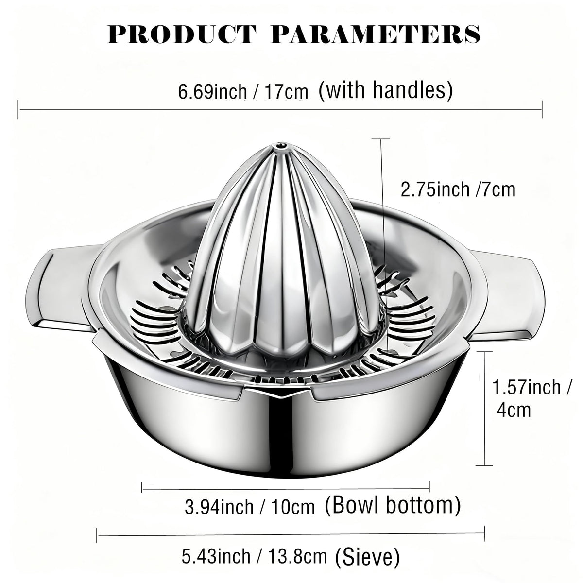 Citrus Lemon Orange Grapefruit Juicer Manual Squeezer 304 Stainless Steel Robust Hand Juicer Reamer Rotation Press with Strainer＆10oz Bowl, 2 Pour Spouts, Dishwasher Safe, Easy to Clean, Heavy Duty