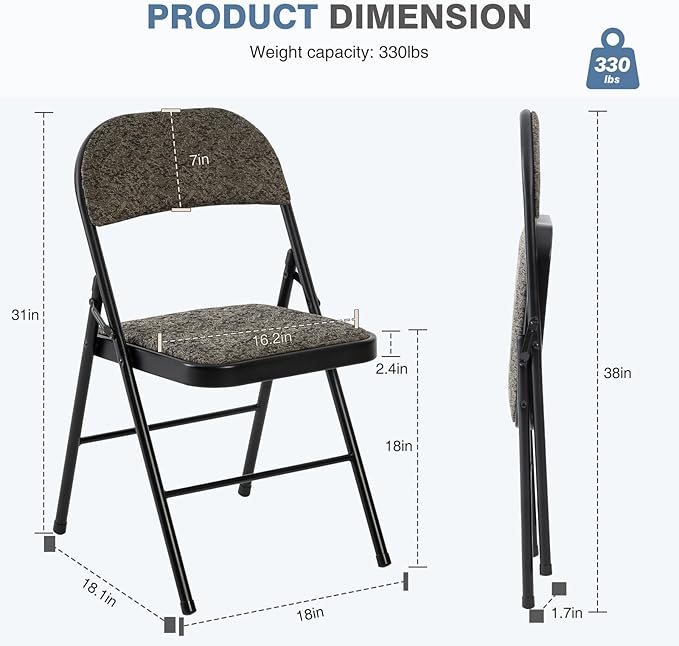 DUMOS 6 Pack Folding Chairs with Padded Cushion and Back - Fabric Stackable Portable Dining Chairs Set, for Home and Office, Conference, Wedding, Party, Patio, Garden, for Indoor Outdoor, Black Grey