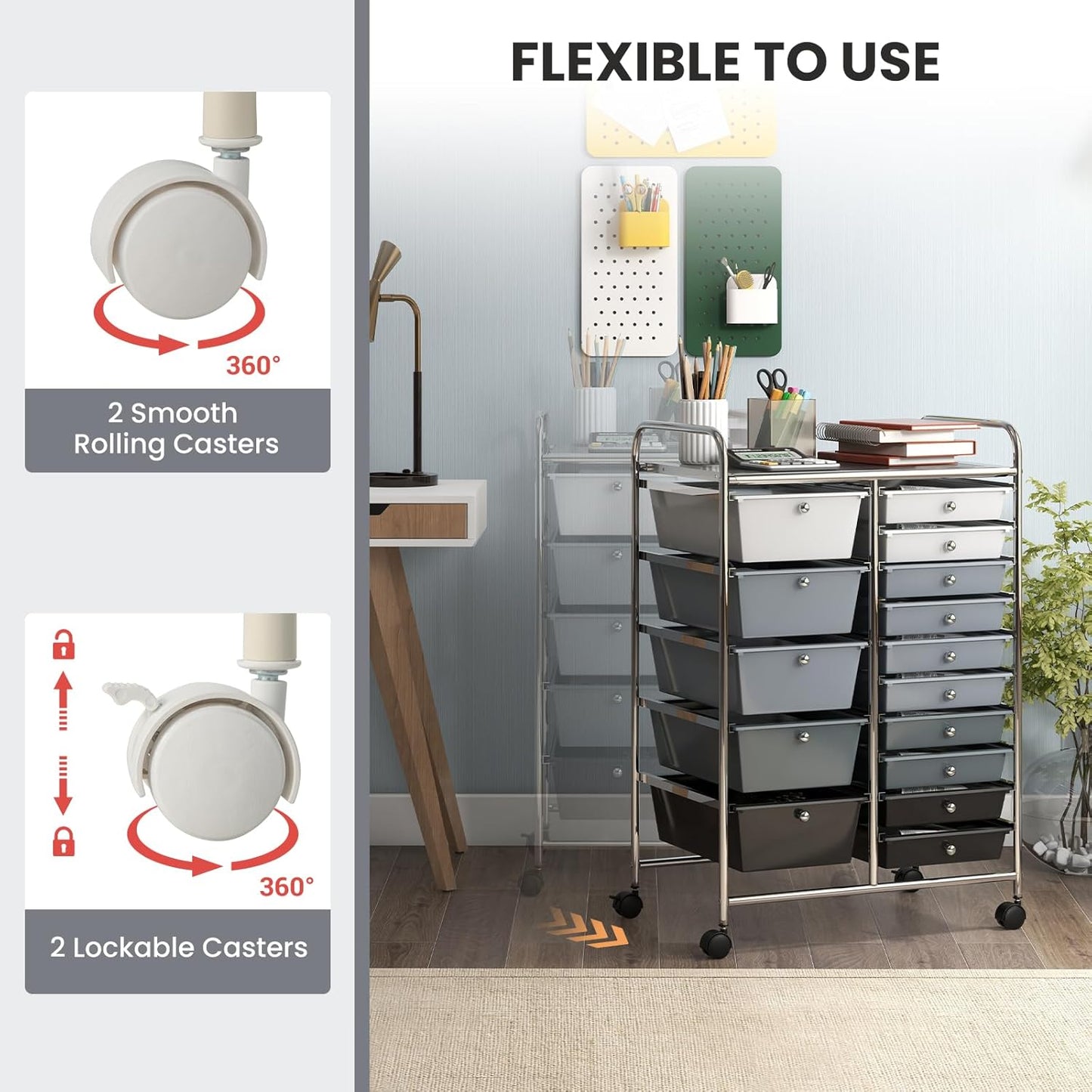 GOFLAME 15-Drawer Rolling Storage Cart, Multipurpose Movable Organizer Cart, Utility Cart for Home, Office, School, Gray Gradient