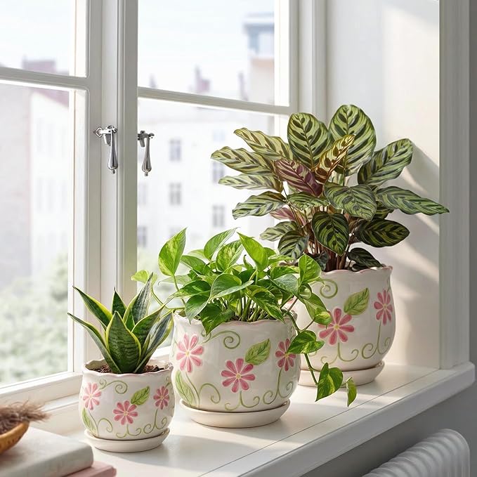 STHIE Pink Ceramic Flower Pots, 4"+5.2"+6.6" Inch Small Flower Pots for Indoor Plant with Drainage Hole,Modern Decorative Plant Pots Set of 3, Indoor Planters with Saucer