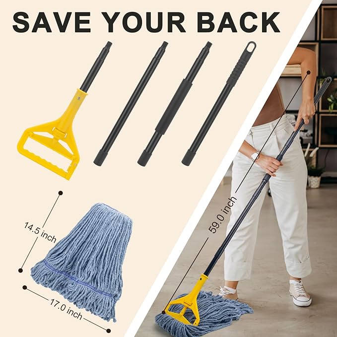 Commercial Industrial Mop with 3 Extra Large Reusable Replacement Head,59" Long Handle Heavy Duty Wet Mops,Looped-End String Cotton Mop for Floor Cleaning,House,Kitchen,Office,Garage,Tile(Yellow)