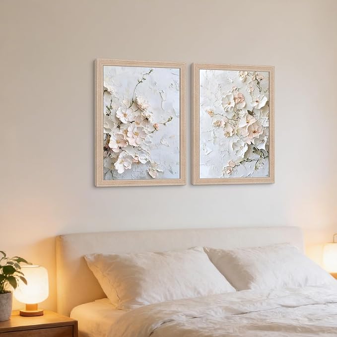 Framed 3D Floral Canvas Wall Art Textured Floral Oil Painting Modern Neutral