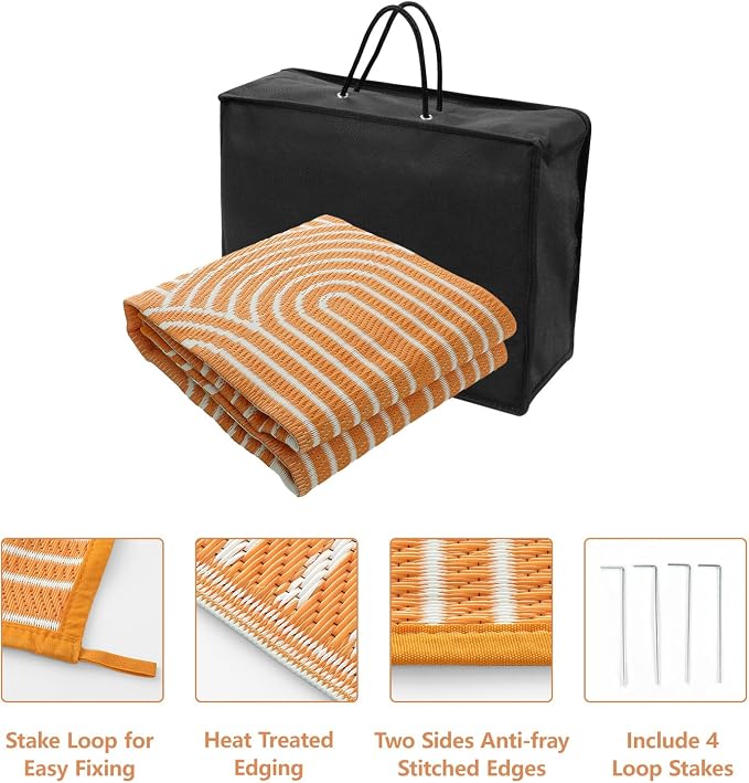 Anidaroel Rainbow Patio Rugs Outdoor 8’X10’ Waterproof, Reversible Camping Rug for Outside RV, Portable Plastic Straw Outdoor Area Rug for Backyard, Garden, Pool Deck (Orange, 8‘X10')