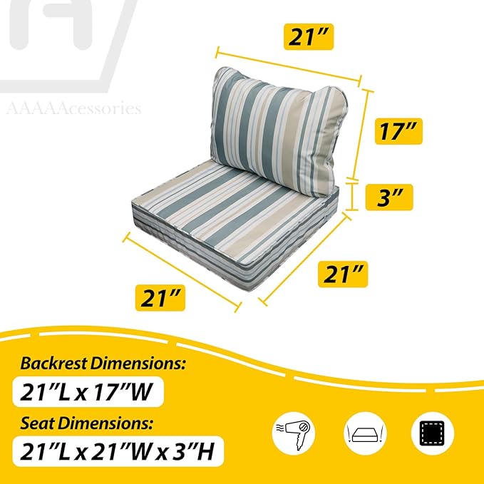AAAAAcessories Outdoor Seat Cushions for Chairs, Fade-Resistant, Waterproof Patio Furniture Replacement Cushions, 21" x 21" x 3" + 21" x 17", Slate Gray Blue Coastal Stripe