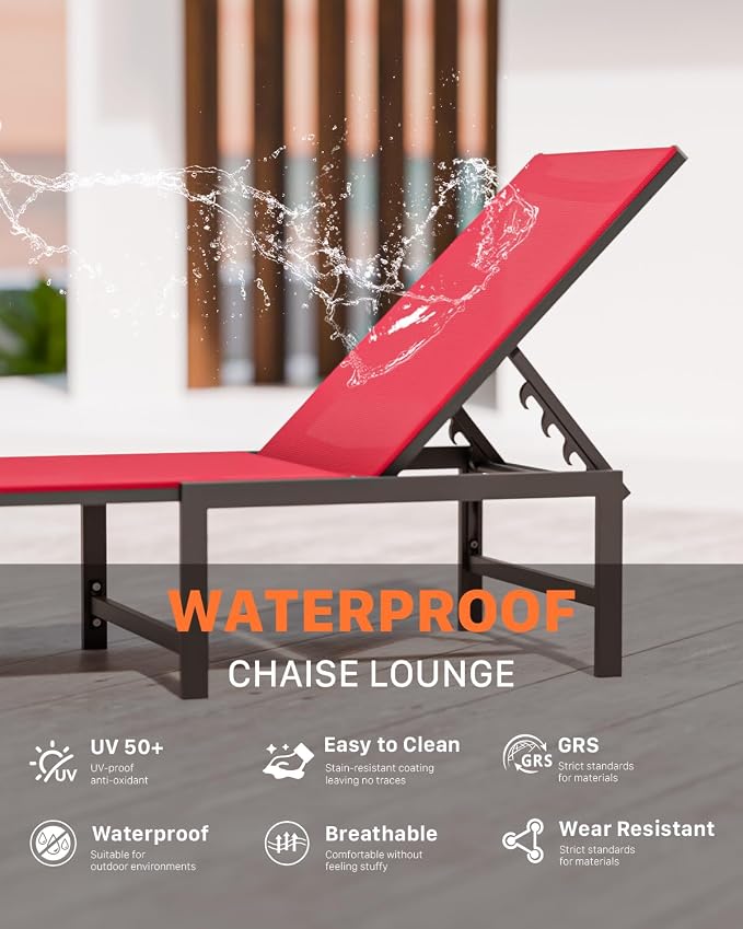 Patio Lounge Chair, Aluminum, 5 Adjustable Backrest, 2 Piece,Red | Lightweight rustproof aluminum.5 adjustable backrest positions.Breathable quick-dry fabric.For poolside,beach,lawn,backyard.