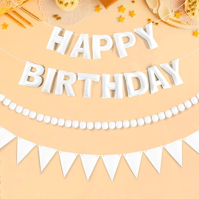 CANREVEL Pre-Strung 3D Happy Birthday Banner, 3 PCS White Happy Felt Garland, Pom Pom Garland, Triangle Fabric Bunting, Reusable White Birthday Decorations