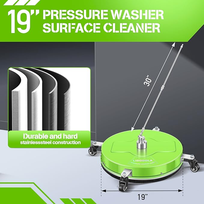 19'' Pressure Washer Surface Cleaner with 4 Wheels - Stainless Steel Surface Cleaner for Pressure Washer Attachment for Concrete, Driveway, Patio, Sidewalk, Deck and Driveways (19 INCH GREEN)