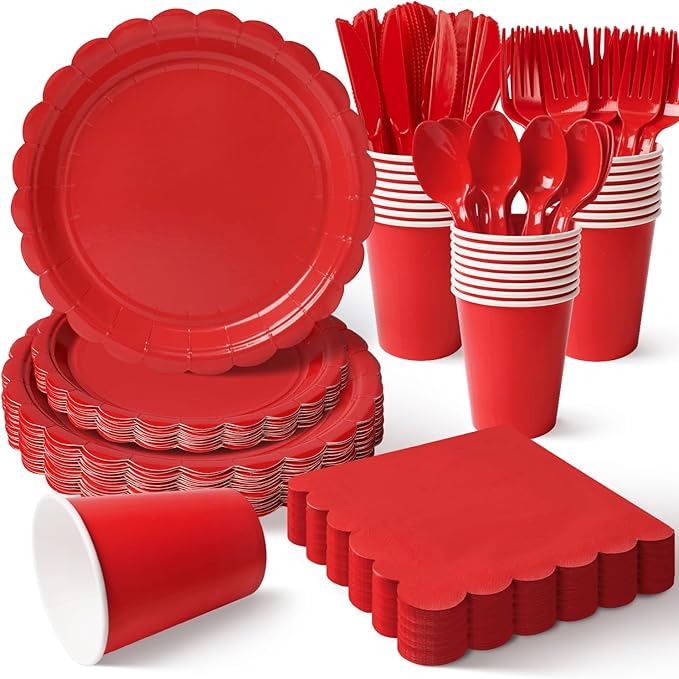 Vyntra 350 PCS Disposable Plates for Party, Paper Plates & Napkins Set with Cups, Knives, Forks, Spoons, 7'' Dessert and 9'' Dinner Plates for Birthday, Christmas, Valentine's Day - Red