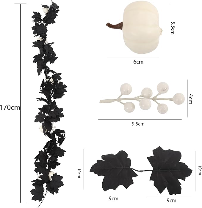 Artificial Fall Garland with Maple Leaves, Pumpkins & Berries – 7ft Black Autumn Garland for Thanksgiving, Fireplace Mantel, Doorway & Fall Harvest Table Decor,Halloween Decor