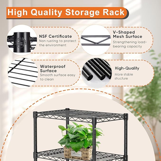 Sweetcrispy 3 Tier Metal Storage Shelving Shelf, Adjustable Metal Wire Racks Heavy Duty Standing Shelf Organizer for Kitchen and Closet, 13.8" D x 23.6" W x 30" H, Black
