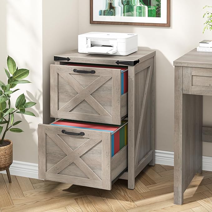 2 Drawer Small File Cabinet, Farmhouse Vertical Filing Cabinet Fits Letter and A4 Size, Under Desk Wooden File Cabinets for Home Office, Printer Stand, Grey