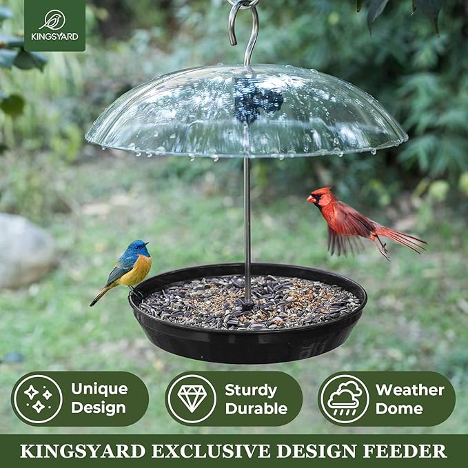 Kingsyard Adjustable Platform Bird Feeder for Outdoors, Hanging Metal Seed Tray with Clear Rain Proof Dome, Large Capacity for Wild Bluebird Cardinal Goldfinches, Black